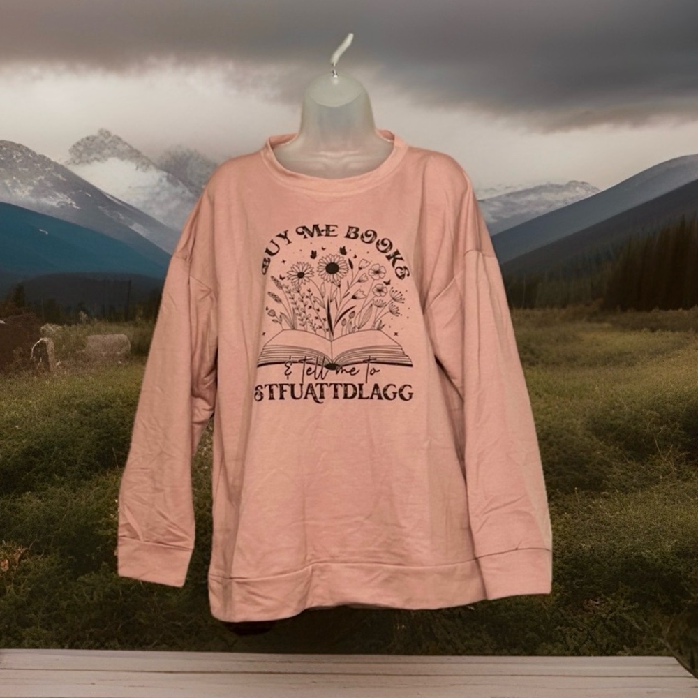 📚📖📚Buy Me Books Blush Pink Graphic Long Sleeve Tee Size M NWOT
